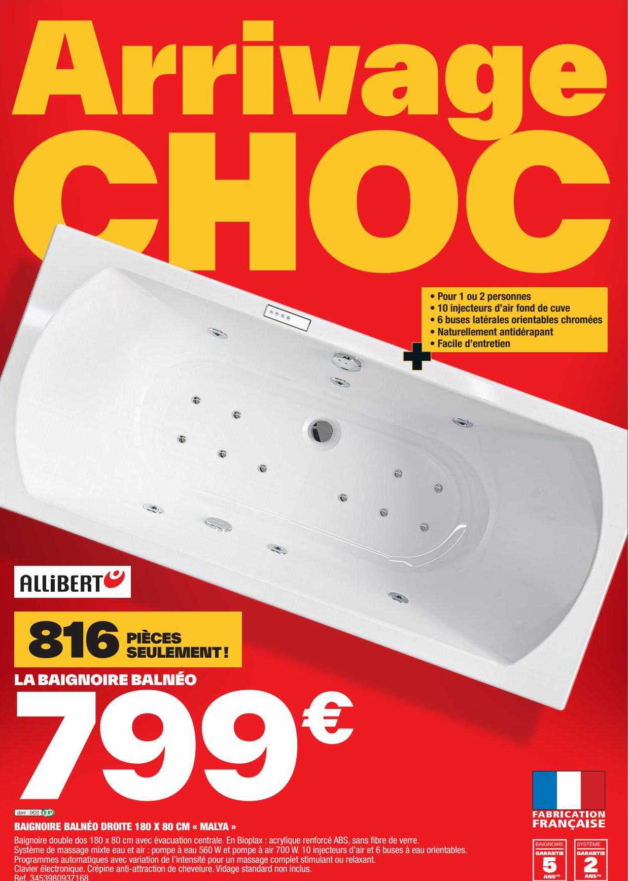 baignoire balnéo droite 180 x 80 cm «malya»