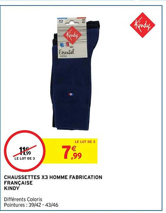 chaussettes x 3 homme fabrication française kindy