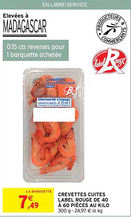 crevettes cuites label rouge de 40 à 60 pièces au kilo