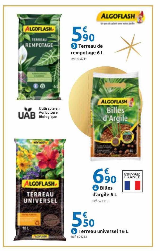 terreau de rempotage 6l algoflash, billes d'argile 6l algoflash