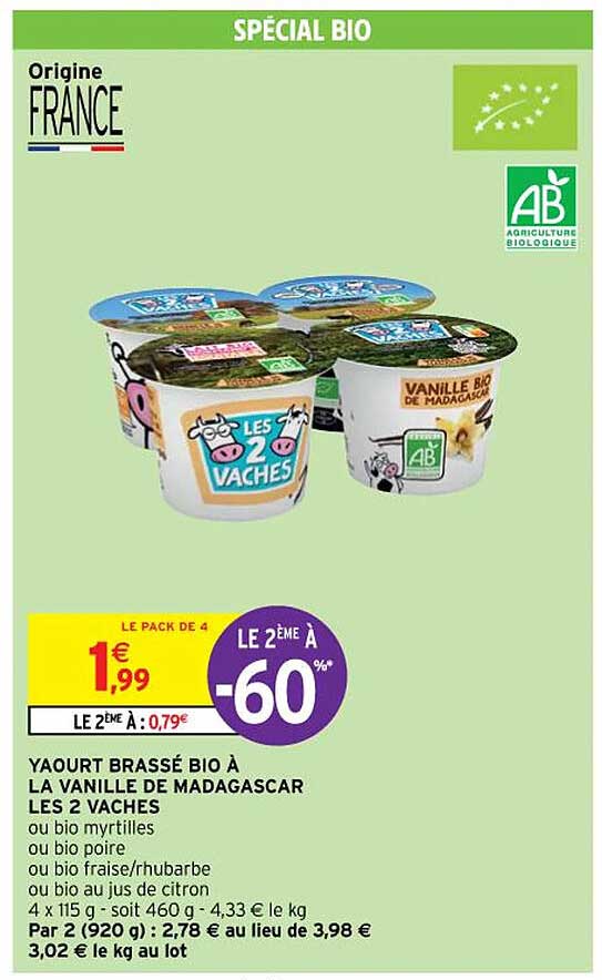 Yaourt Brassé Bio à La Vanille De Madagascar Les 2 Vaches