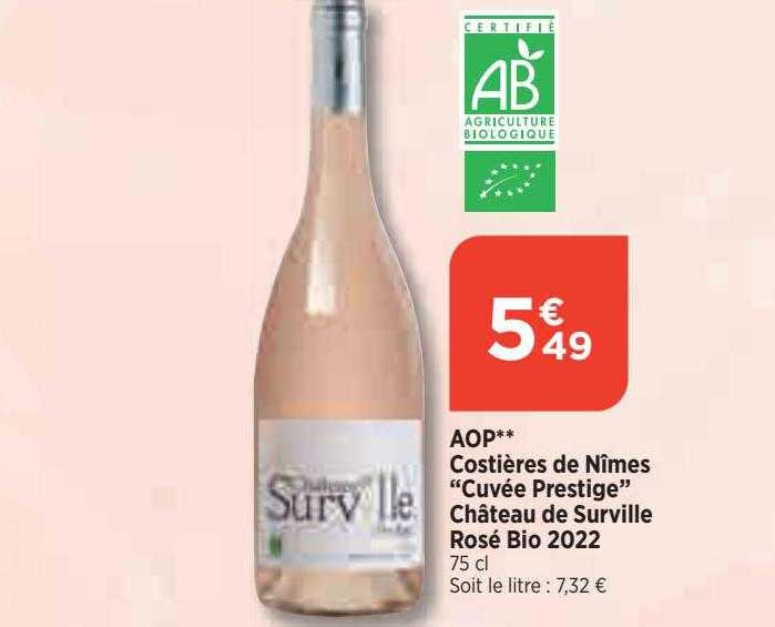 aop costières de nîmes "cuvée prestige" château de surville rosé bio 2022