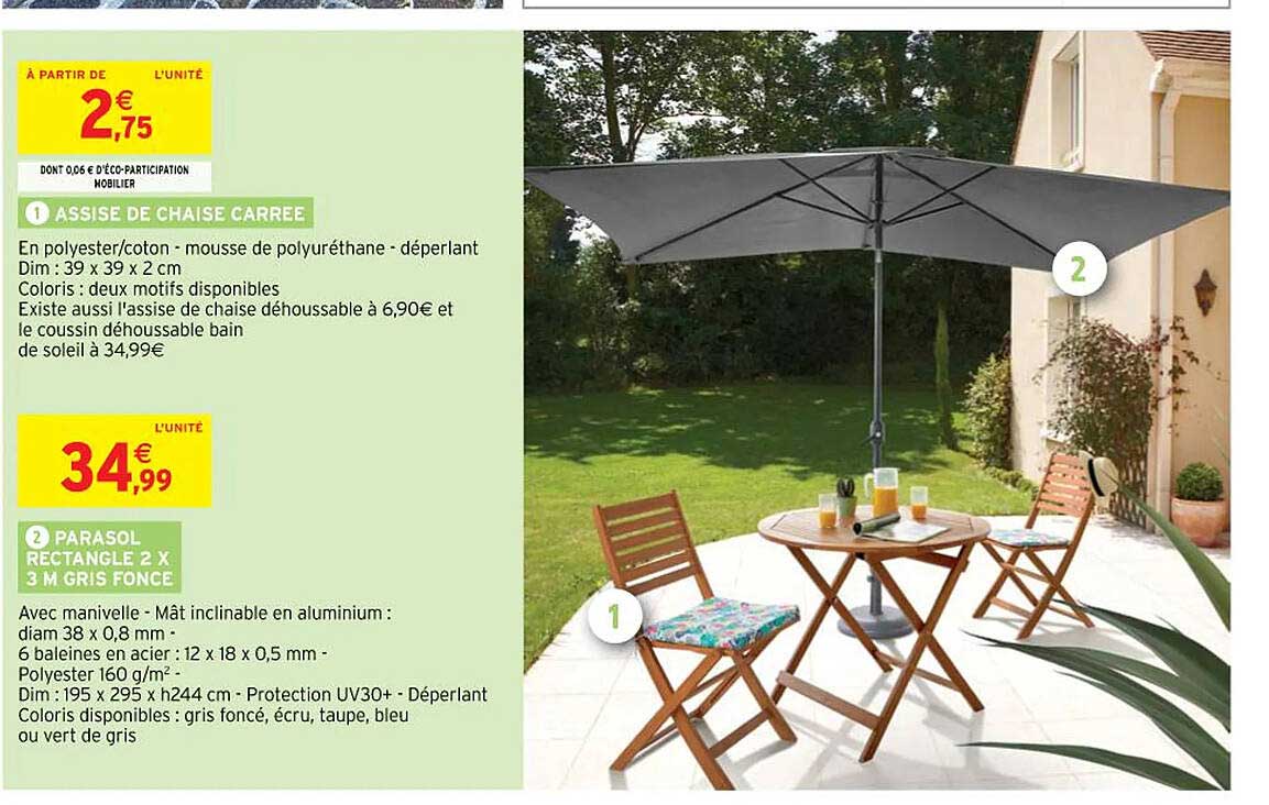 assise de chaise carrée, parasol rectangle 2 x 3 m gris foncé