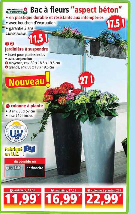 Bac à Fleurs "aspect Béton" Powertec Garden