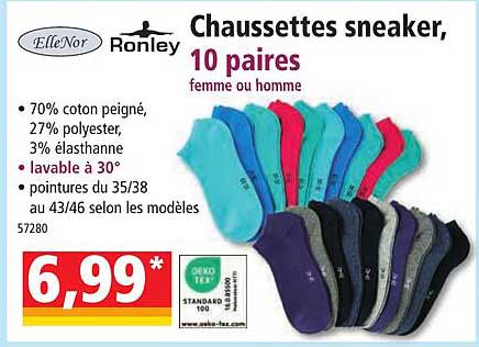 chaussettes sneaker, 10 paires femme ou homme elleNor, ronley