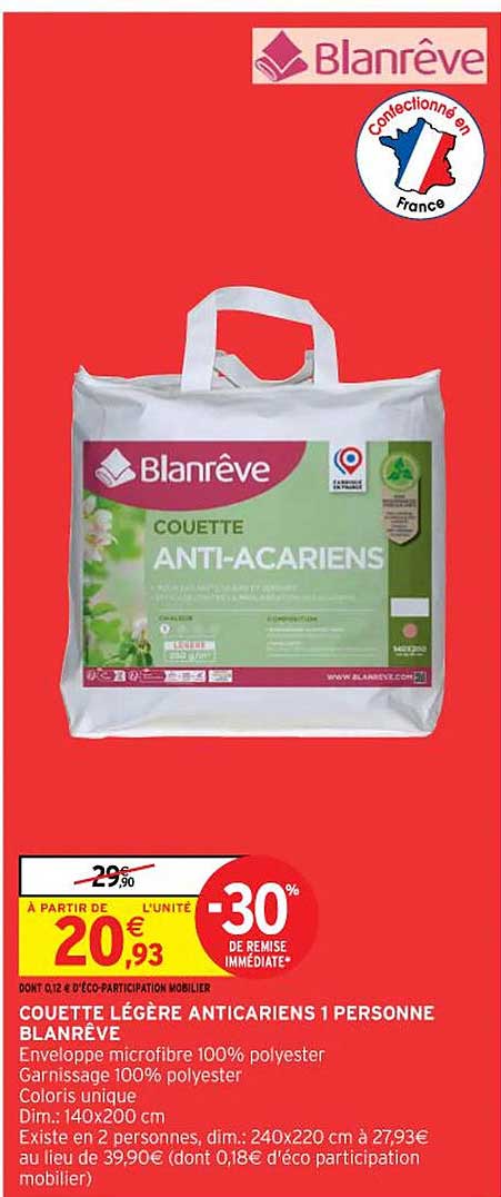 couette légère anticariens 1 personne blan rêve