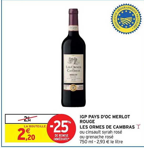 Igp Pays D'oc Merlot Rouge Les Ormes De Cambras