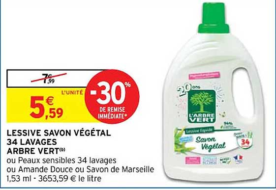 Lessive Savon Végétal 34 Lavages Arbre Vert