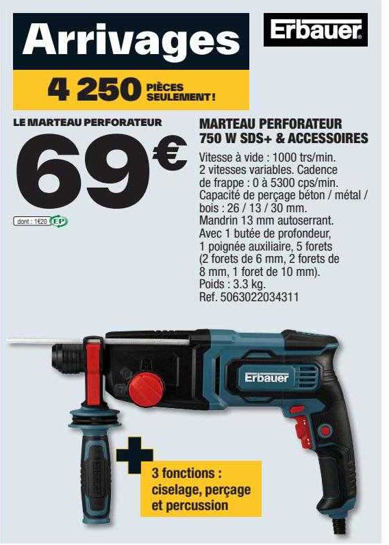 marteau perforateur 750w sds+ & accessoires erbauer