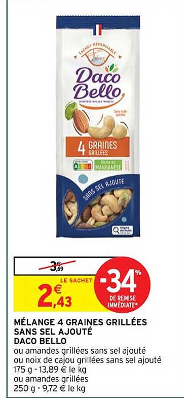 mélange 4 graines grillées sans sel ajouté daco bello