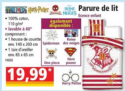 parure de lit licence enfant one piece, harry potter, spiderman, la reine des neiges