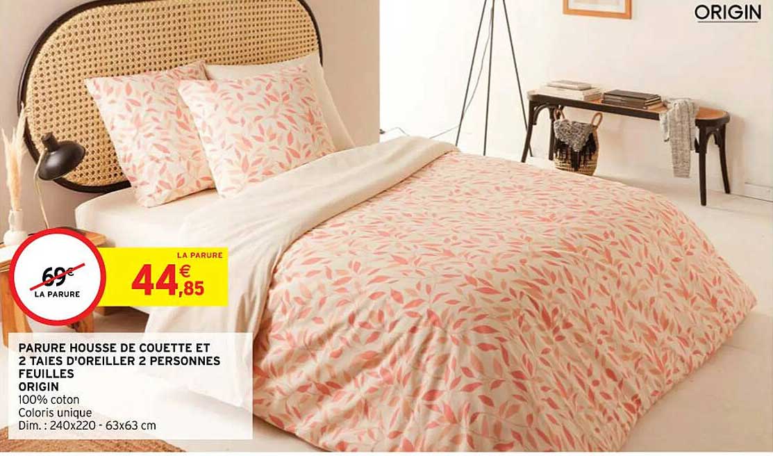 parure housse de couette et 2 taies d'oreiller 2 personnes feuilles origin