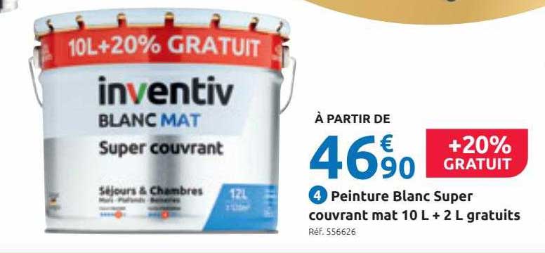peinture blanc super couvrant mat 10l + 2l gratuits inventiv