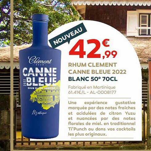 rhum clément canne bleue 2022 blanc 50° 70cl