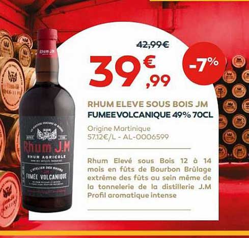 rhum élevé sous bois jm fumée volcanique 49% 70cl