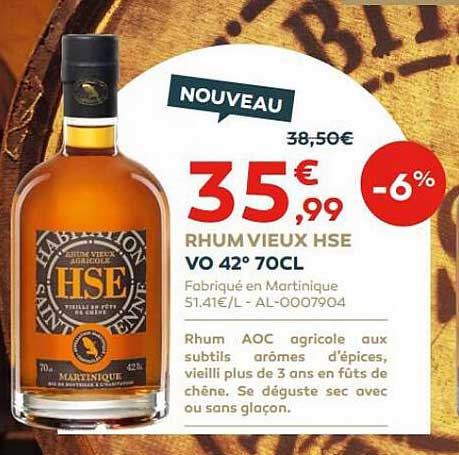 rhum vieux hse vo 42° 70cl