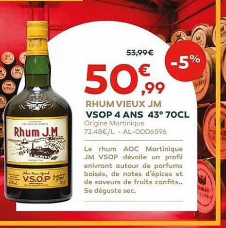 rhum vieux jm vsop 4 ans 43° 70cl