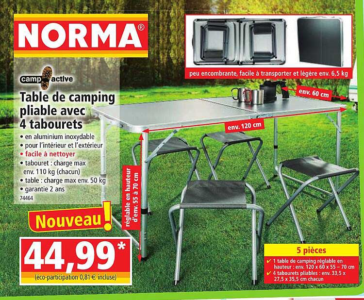 table de camping pliable avec 4 tabourets camp active