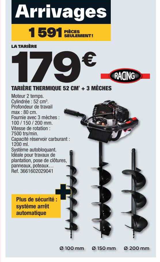 Tarière Thermique 52 Cm³ + 3 Mèches Racing