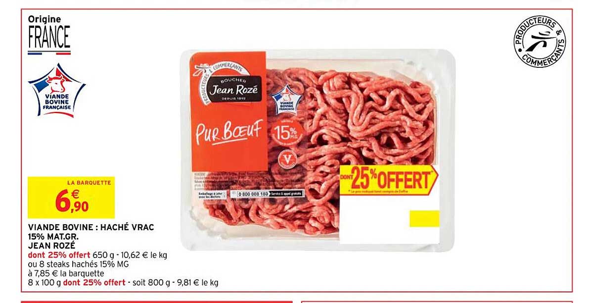 viande bovine : haché vrac 15% mat.gr. jean rozé