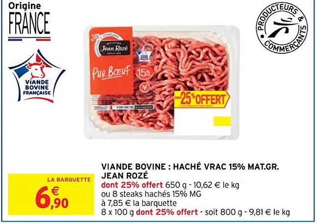 viande bovine : haché vrac 15% mat.gr. jean rozé