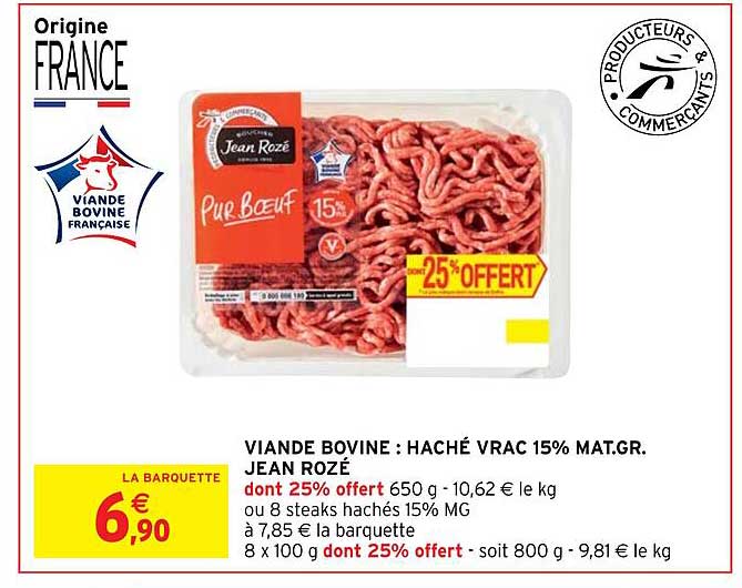 viande bovine : haché vrac 15% mat.gr. jean rozé