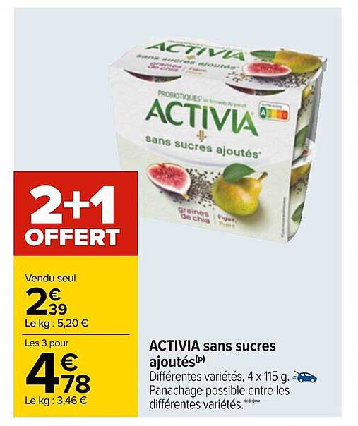 Activia Sans Sucres Ajoutés 2+1 Offert