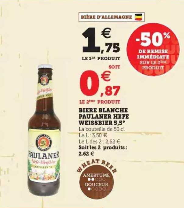 bière blanche paulaner hefe weissbier 5.5° -50% de remise immédiate sur le 2ème produit