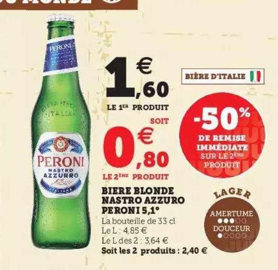 bière blonde nastro azzuro peroni 5.1° -50% de remise immédiate sur le 2ème produit