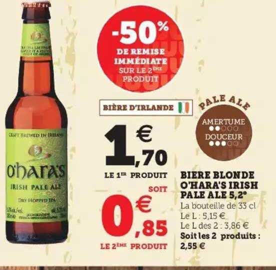 bière blonde o'hara's irish pale ale 5.2° -50% de remise immédiate sur le 2ème produit