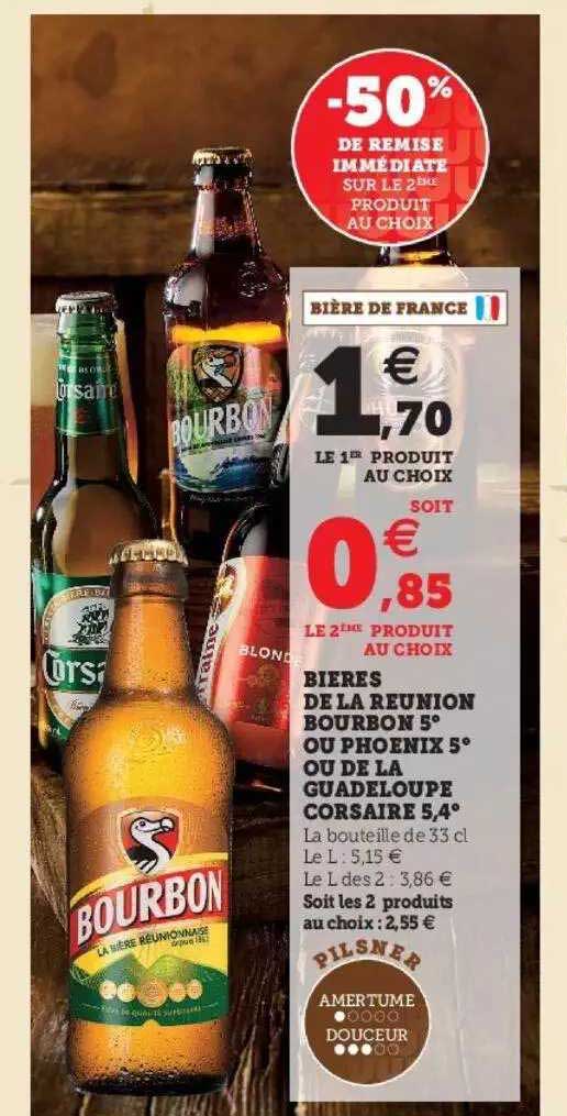 bières de la réunion bourbon5° ou phoenix 5° ou de la guadeloupe corsaire 5,4°