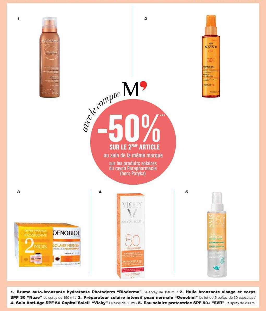 brume auto-bronzante hydratante photoderm "bioderma", huile bronzante visage et corps spf 30 "nuxe", préparateur solaire intensif peau normale "eonobiol", soin anti-âge spf 50 capital soleil "vichy"