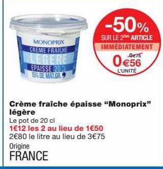 Crème Fraîche épaisse "monoprix" Légère