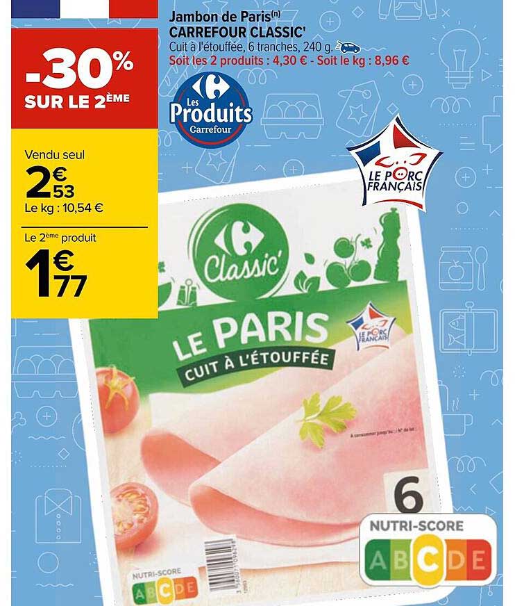 Jambon De Paris Carrefour Classic -30% Sur Le 2ème