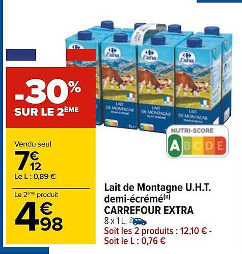 lait de montagne u.h.t. demi-écrémé carrefour extra -30% sur le 2ème