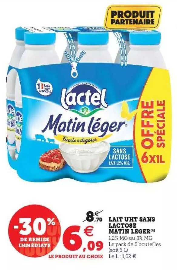 lait uht sans lactose matin leger -30% de remise immédiate
