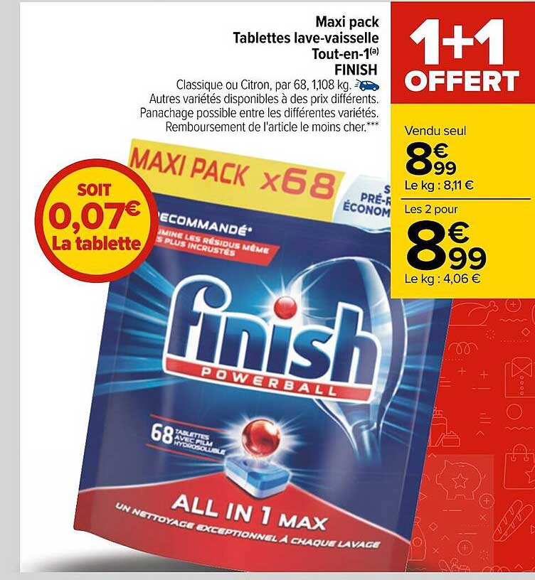 maxi pack tablettes lave-vaisselle tout-en-1 finish 1+1 offert