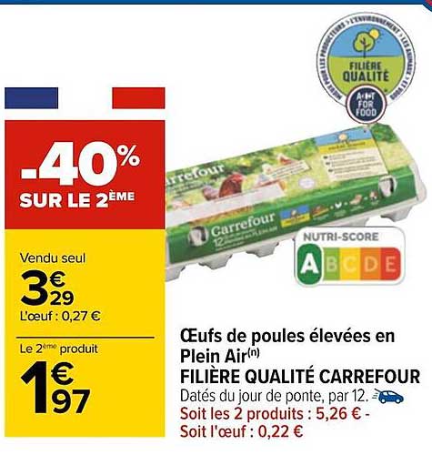 œufs de poules élevées en plein air filière qualité carrefour -40% sur le 2ème