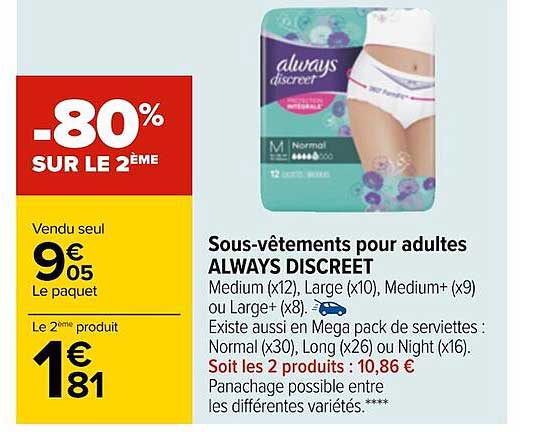 sous-vêtements pour adultes always discreet -80% sur le 2ème