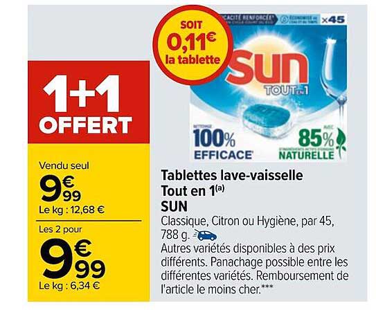 tablettes lave-vaisselle tout en 1 sun 1+1 offert