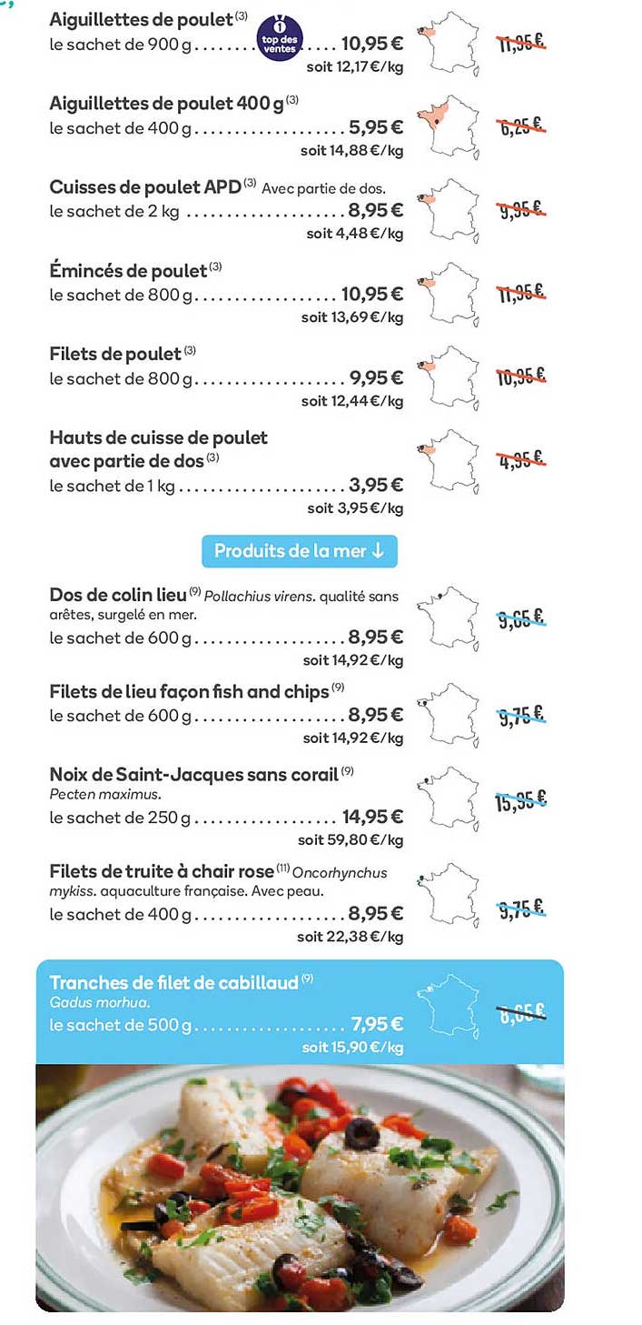aiguillettes de poulet, aiguillettes de poulet 400 g, cuisses de poulet apd, émincés de poulet, filets de poulet, hauts de cuisse de poulet avec partie de dos, dos de colin lieu, filets de lieu façon