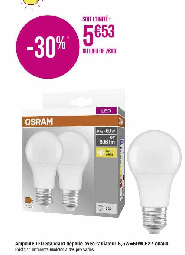 ampoule led standard dépolie avec radiateur 8,5W+60W d27 chaud osram