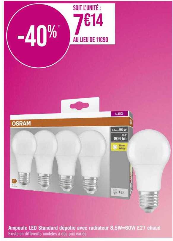 Ampoule Led Standard Dépolie Avec Radiateur 8,5w=60W E27 Chaud Osram