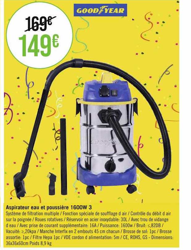 aspirateur eau et poussière 1600w 3 good year