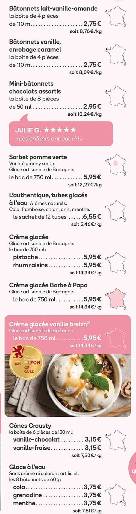 bâtonnets lait-vanille-amande, bâtonnets vanille enrobage caramel, mini-bâtonnets chocolats assortis, sorbet pomme verte, l'authentique, tubes glacés, crème glacée, crème glacée barbe à papa, cônes
