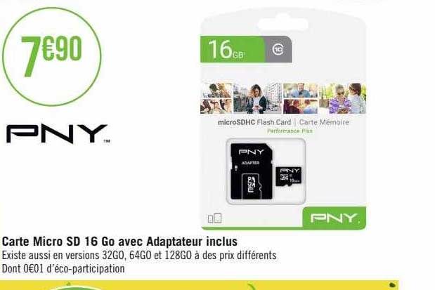 carte micro sd 16 go avec adaptateur inclus pny