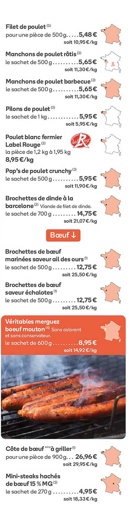 filet de poulet, manchons de poulet rôtis, manchons de poulet barbecue, pilons de poulet, poulet blanc fermier label rouge, pop's de poulet crunchy, brochettes de bœuf marinées saveur ail des ours