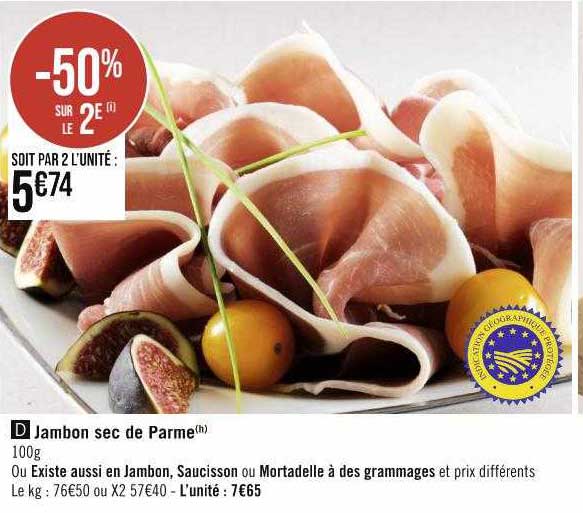jambon sec de parme ou en jambon, saucisson ou mortadelle à des grammages