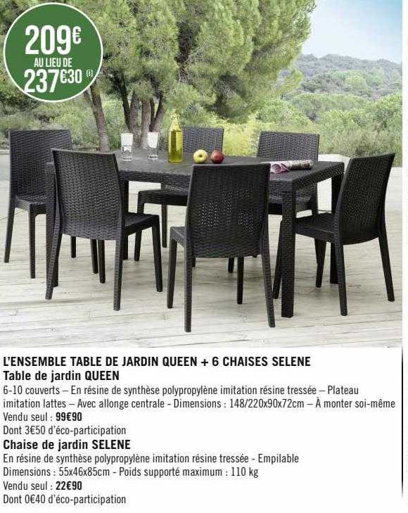 l'ensemble table de jardin queen + 6 chaises selène