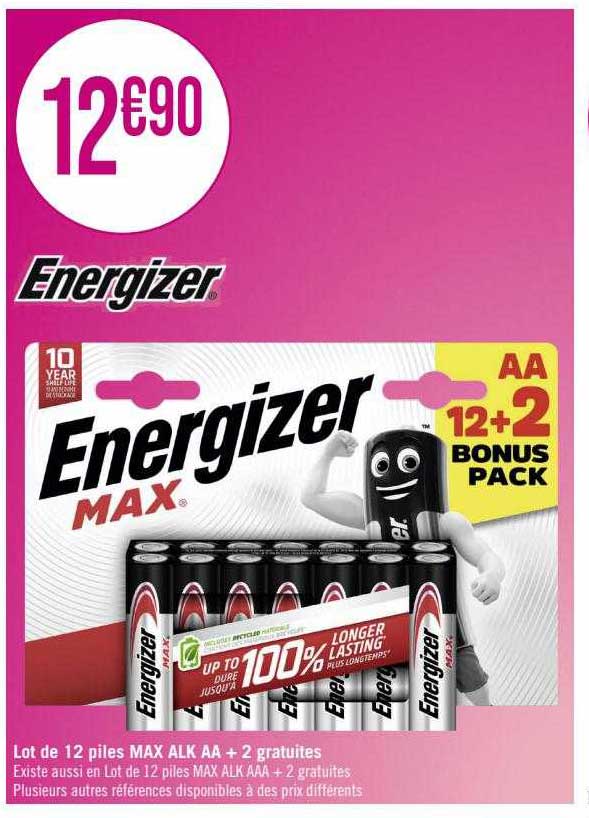 lot de 12 piles max alk aa + 2 gratuites energizer